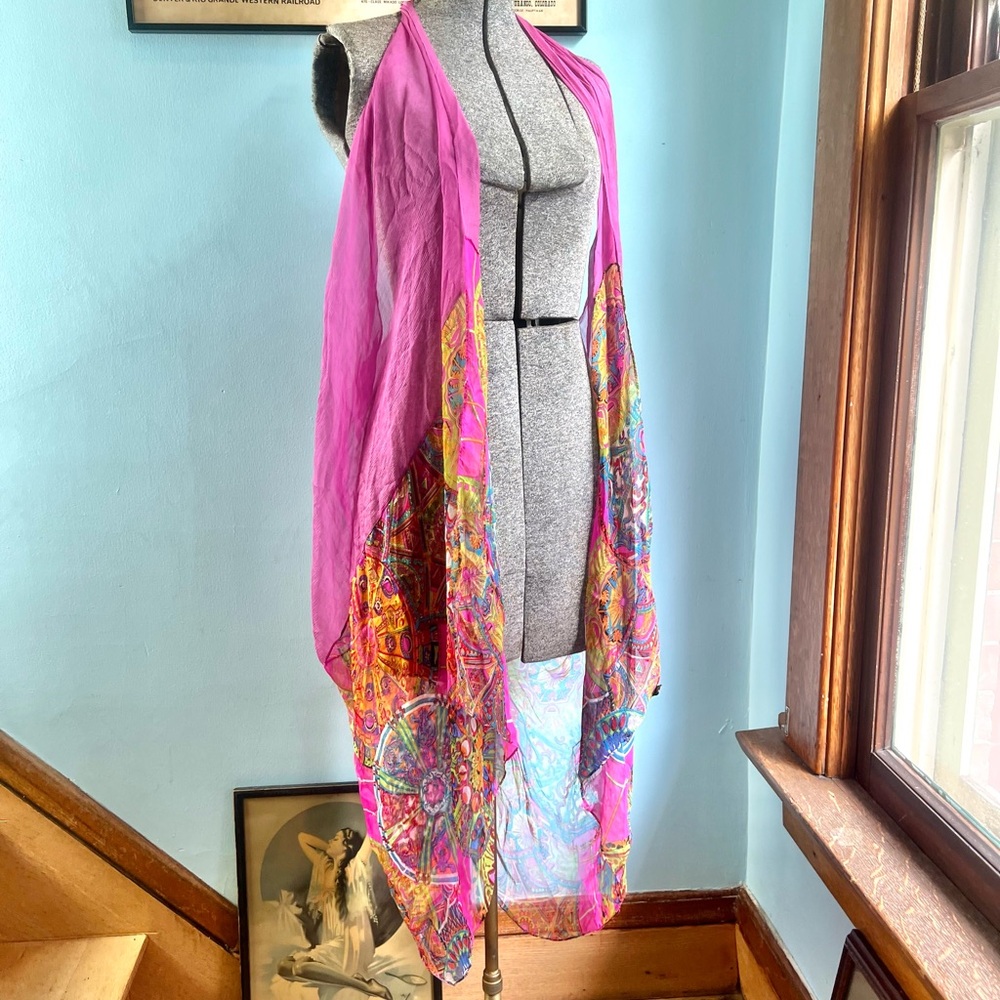 Sheer Silk Fuchsia Boho Duster Vest with Colorful Mandala Panels